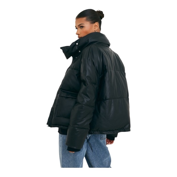 PrettyLittleThing Black Faux Leather Puffer Jacket – Size Large – NWT - Picture 2 of 6